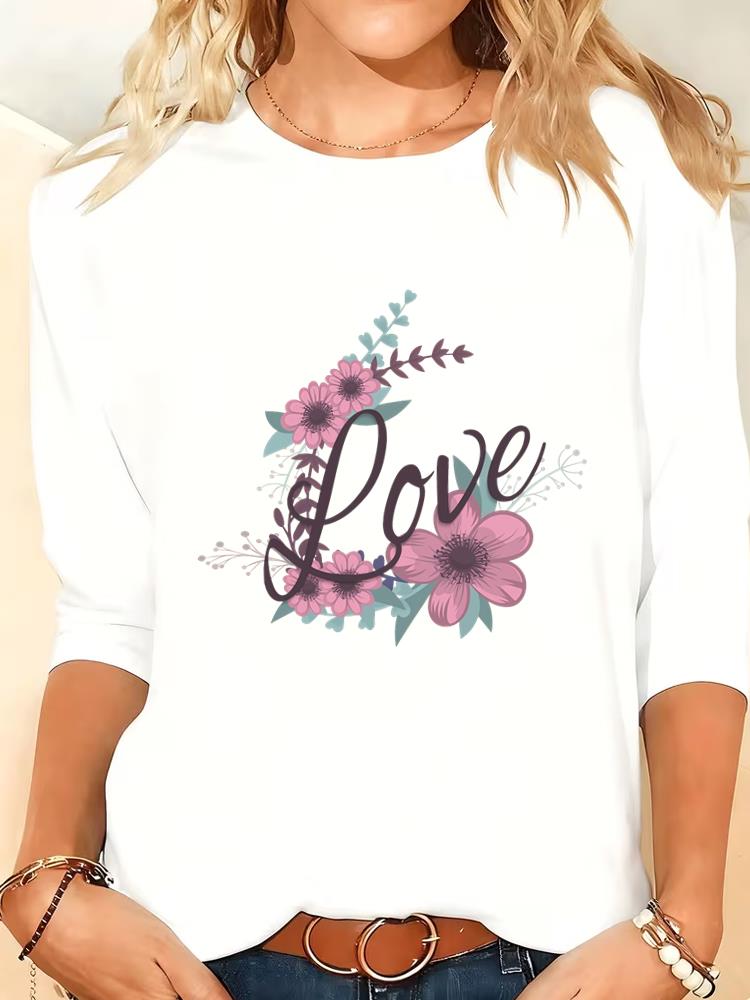 (Asian Size) Print Autumn Winter Spring Women Female Clothing Casual Tee O-neck Letter Floral  Long Sleeve T Shirt Fashion Top Graphic T-shirts