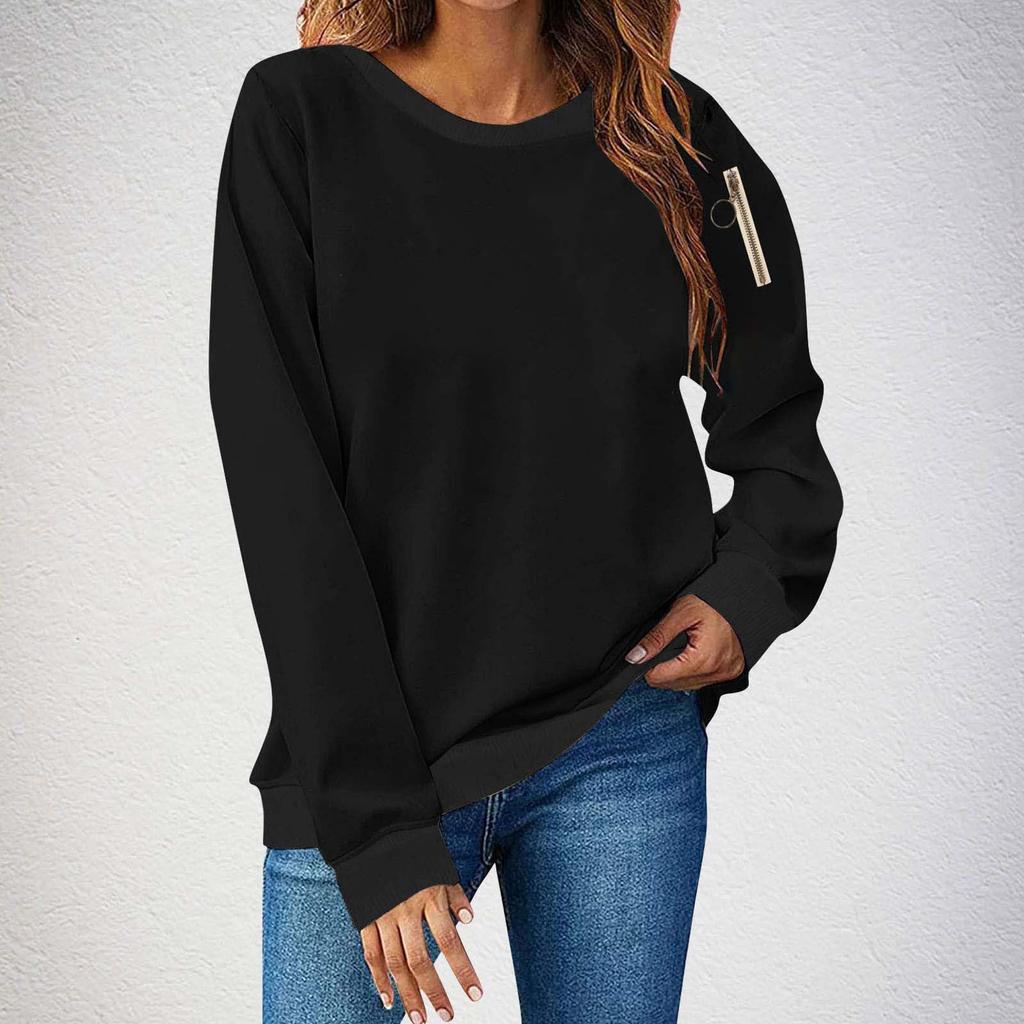 Women's Fashion Oversized Long-Sleeve Round Neck Pullover Solid Color Sweatshirt