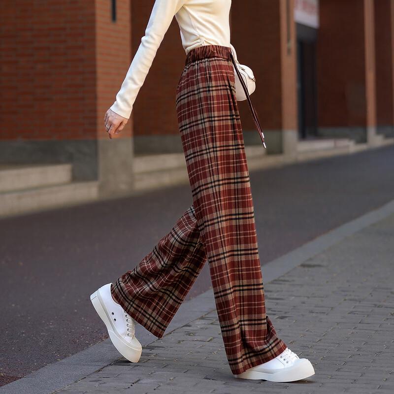 Demana Smart Plaid Drawstring Velvet High-Waist Straight Casual Pants