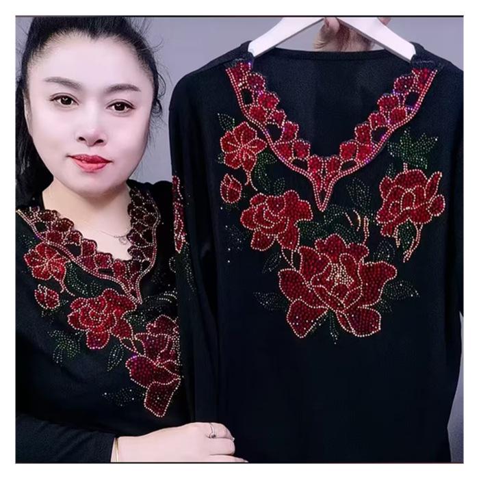 Plus Size Rhinestone Long-Sleeve V-Neck Top for Middle-Aged Women - Tummy Concealing, Age-Reducing, Warm Fleece.