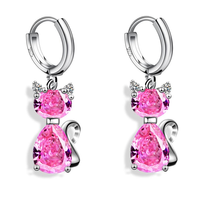 Aqua Blue Pink White Zircon Animal Earring Female Cute Small Cat Hoop Earrings For Women Trendy Silver Color Bridal Jewelry Gift