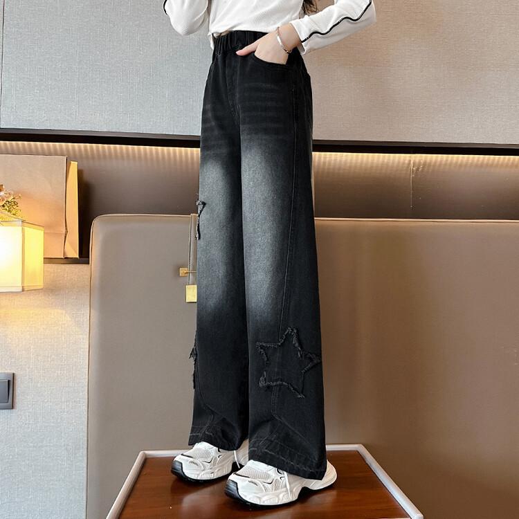 Teenage Girl Retro High Waisted Wide Leg Straight Jeans With Star Pattern For Kids Baby New Causal Denim Pants Girl Trousers