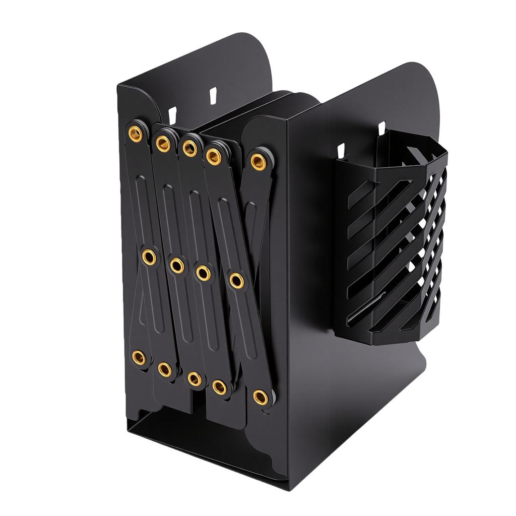 Adjustable Bookend Sturdy Metal Expandable Book End with Pen Holder for Magazines DVDs Albums