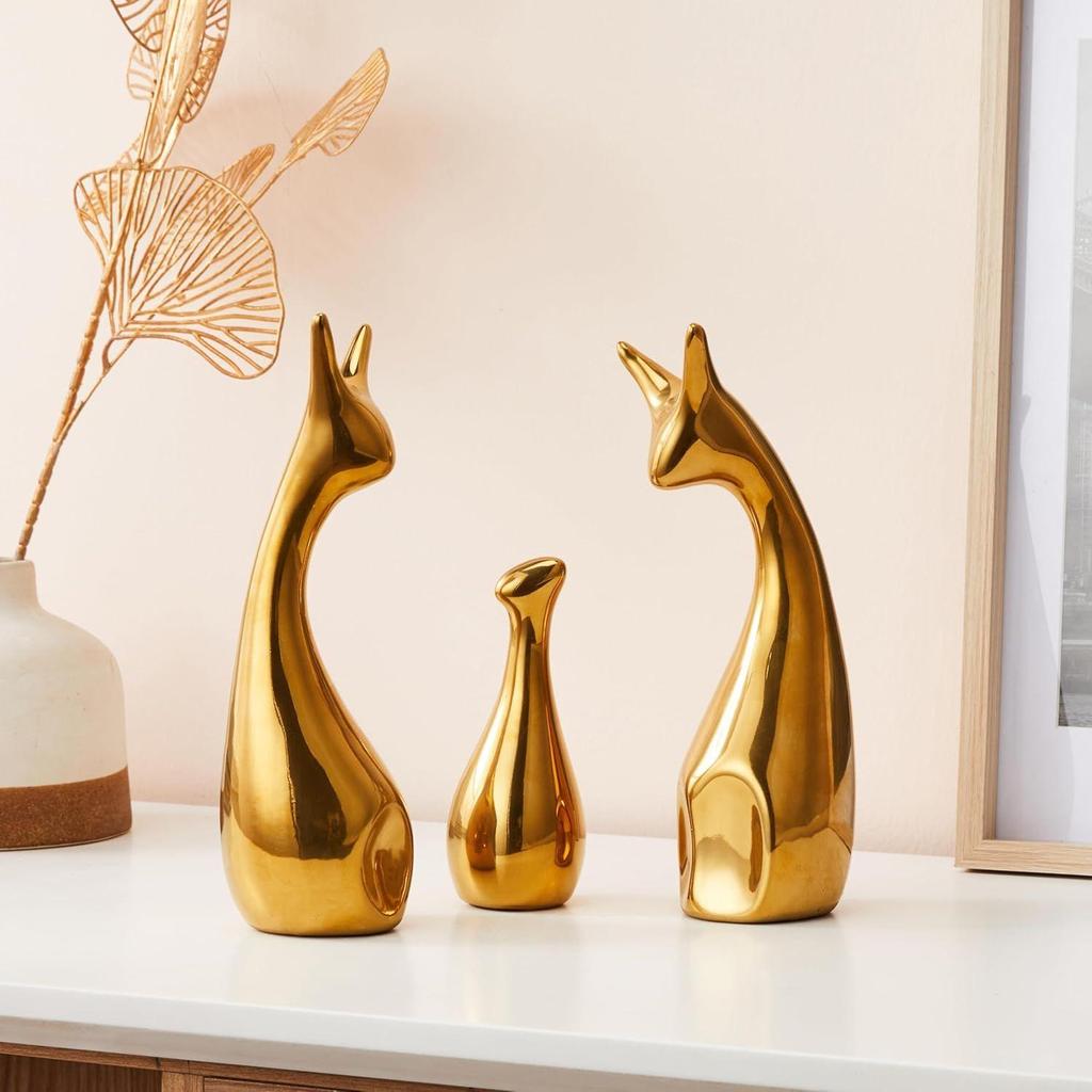 Home Decor Deer Menage Metallic Finish Ceramic Figures - (Set of 3, Golden Set)