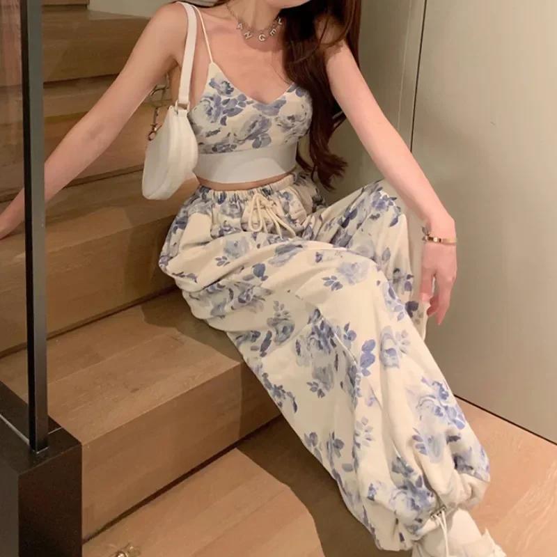 Korea 2 Piece Sets Womens Outifits Summer Clothes Floral V-Neck Spaghetti Strap Camisole and Drawstring Elastic Waist Pants