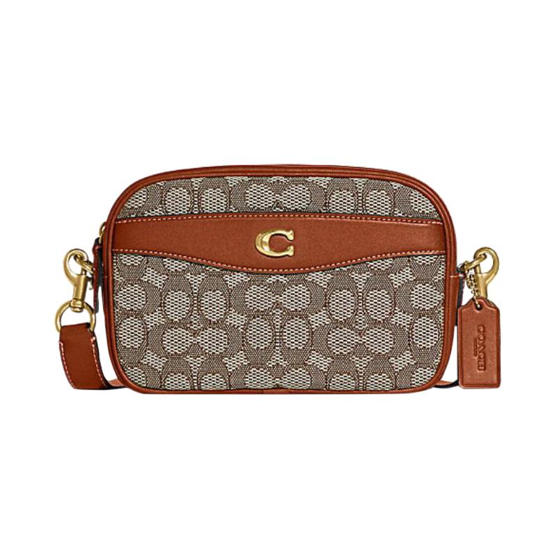 

COACH Camera 23 zipper closure external slip pocket classic presbyopia fabric with cow leather shoulder crossbody bag medium women s brown коричневый