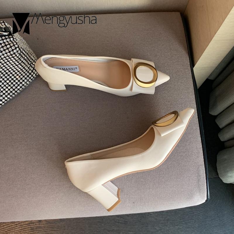 Luxury Brand Chunky High Heels Women Metalic Buckle Pumps Bowtie Shoes Ladies Wedges Slip On Mary Jeans Bridesmaid Wedding Shoes