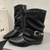 Fashion Goth Rivets Thick Heels Mid Calf Boots Women Fashion Pointed Toe Zipper Riding Boots Woman Spring Autumn Belt Buckle Punk Botas