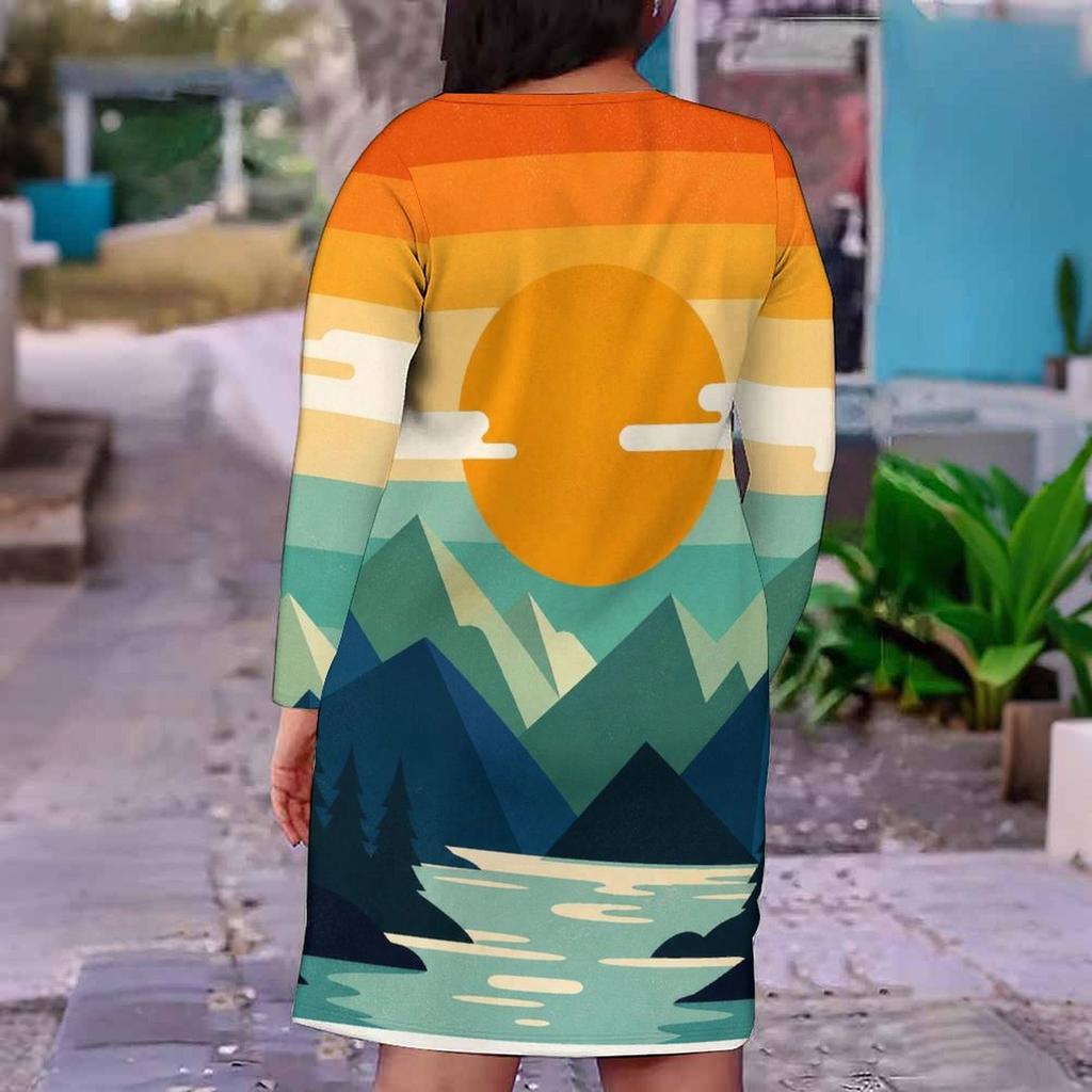 Women Plus Size V Neck Long Sleeve Gradient Printed Fitted Midi Dress