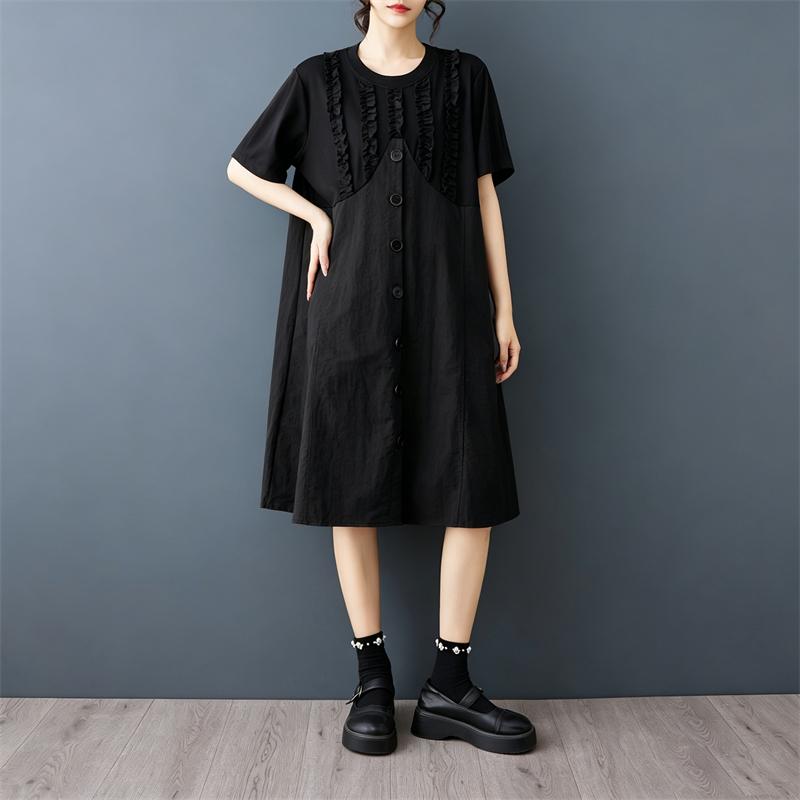 short sleeve Plus size black vintage Patchwork new in dresses for women casual loose Midi summer dress