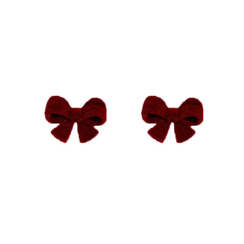 Autumn And Winter Retro Red Flocking Bow Stud Earrings, French Gentle Plush Premium Butterfly Pearl Earrings