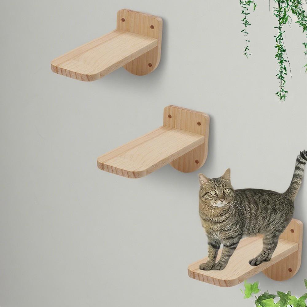 Set of 3 Natural Wood Cat Wall Floating Steps Ladder Stairs Wall Mounted Wooden Cat Furnitures Climbing Shelves and Perches