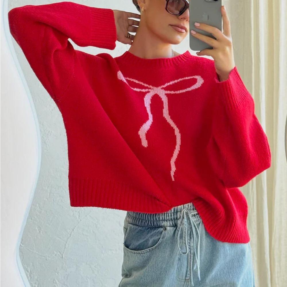 Spring and Autumn Cute Casual Bow Printed Round Neck Women's Sweaters