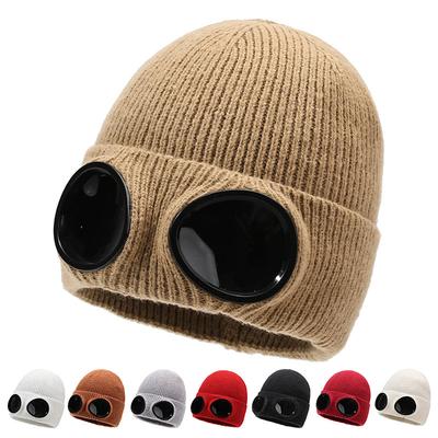 Aviator Glasses Knitted Hat Winter Hat with Sunglasses Goggles Wind-Proof Hat Ear Protection Warm Wool Hat