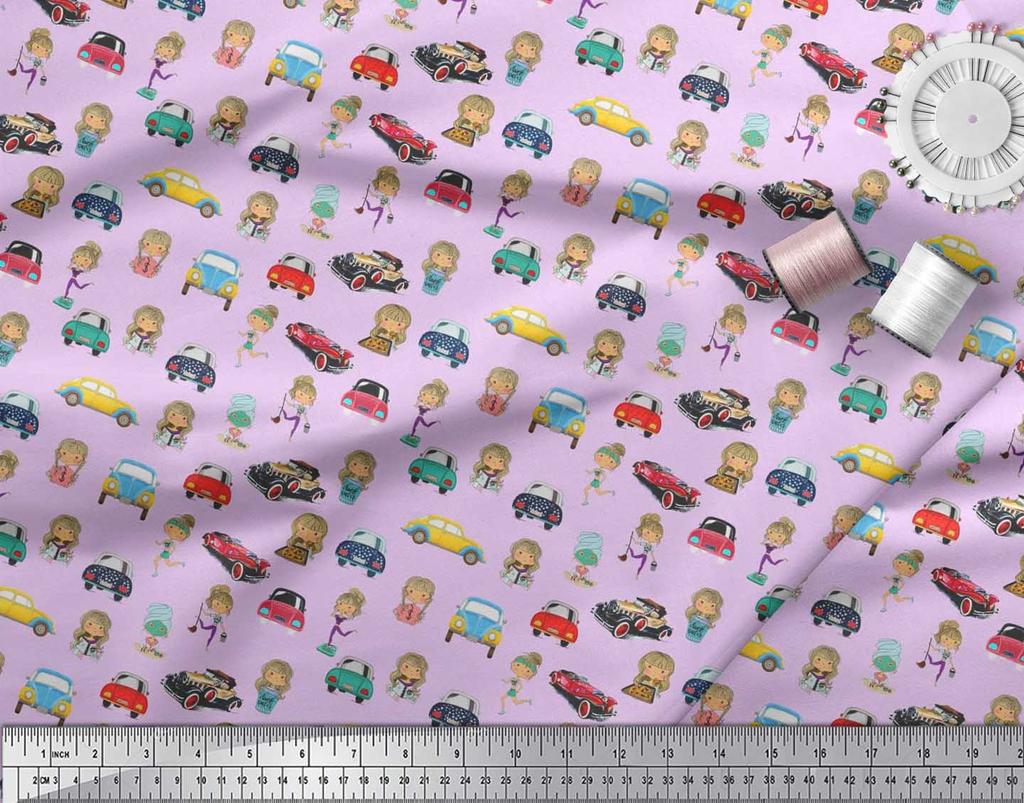 Soimoi Japan Crepe Satin Fabric Cartoon Girl & Car Transport Print Fabric by the Metre 42 Inch