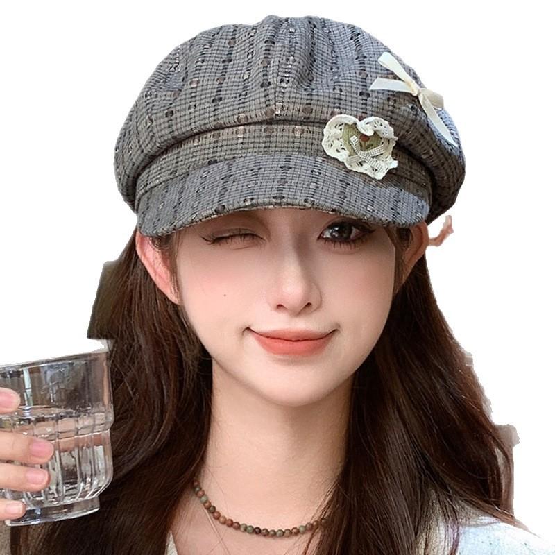 Korean Version of Autumn Love Lace Bow Plaid Bere Hat Women's Sweet Literary Versatile High End Painter Hat