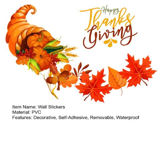Thanksgiving Autumn Harvest Wall Stickers Festival for Decor, PVC Cornucopia Pumpkins And Maple Leaves Decals, Easy Peel Stick Art Decals Home