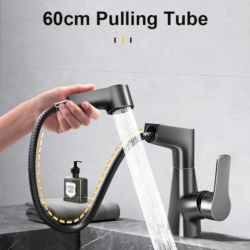 Black/Silver/White Pull Down Bathroom Faucet, 360° Swivel Spout with Dual Spray Modes, Heavy Duty Brass G1/2 Connection
