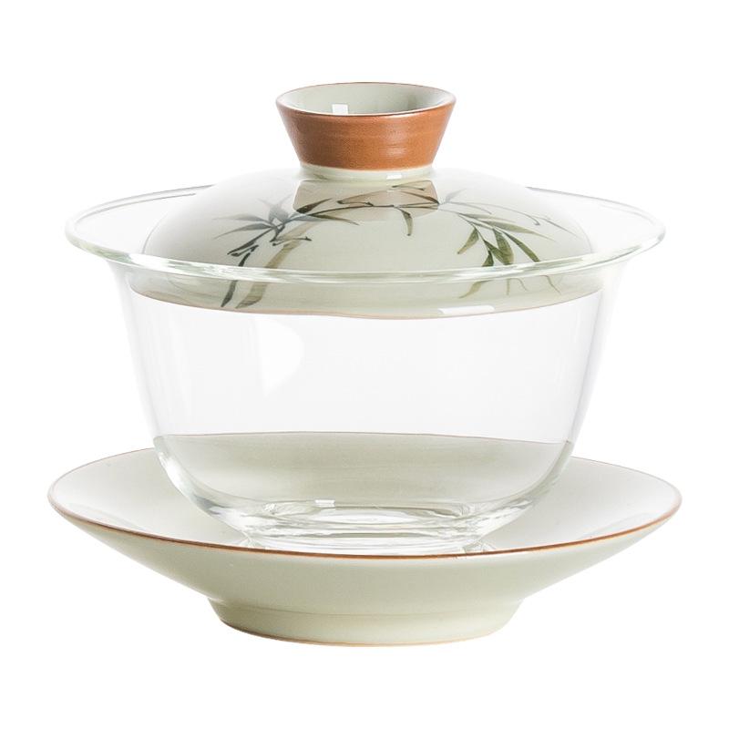 Hand drawn emerald green bamboo tea bowl with lid, home kung fu tea bowl, glass tea set, ceramic three piece lid bowl