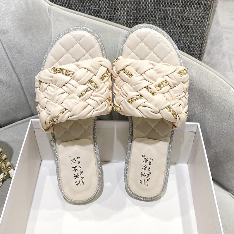 

Блестящие хрустальные шлепанцы, женский дизайнерский бренд, вязаные шлепанцы с цепочками, женские пляжные сандалии, удобные клетчатые шлепанцы 4.5 бежевый
