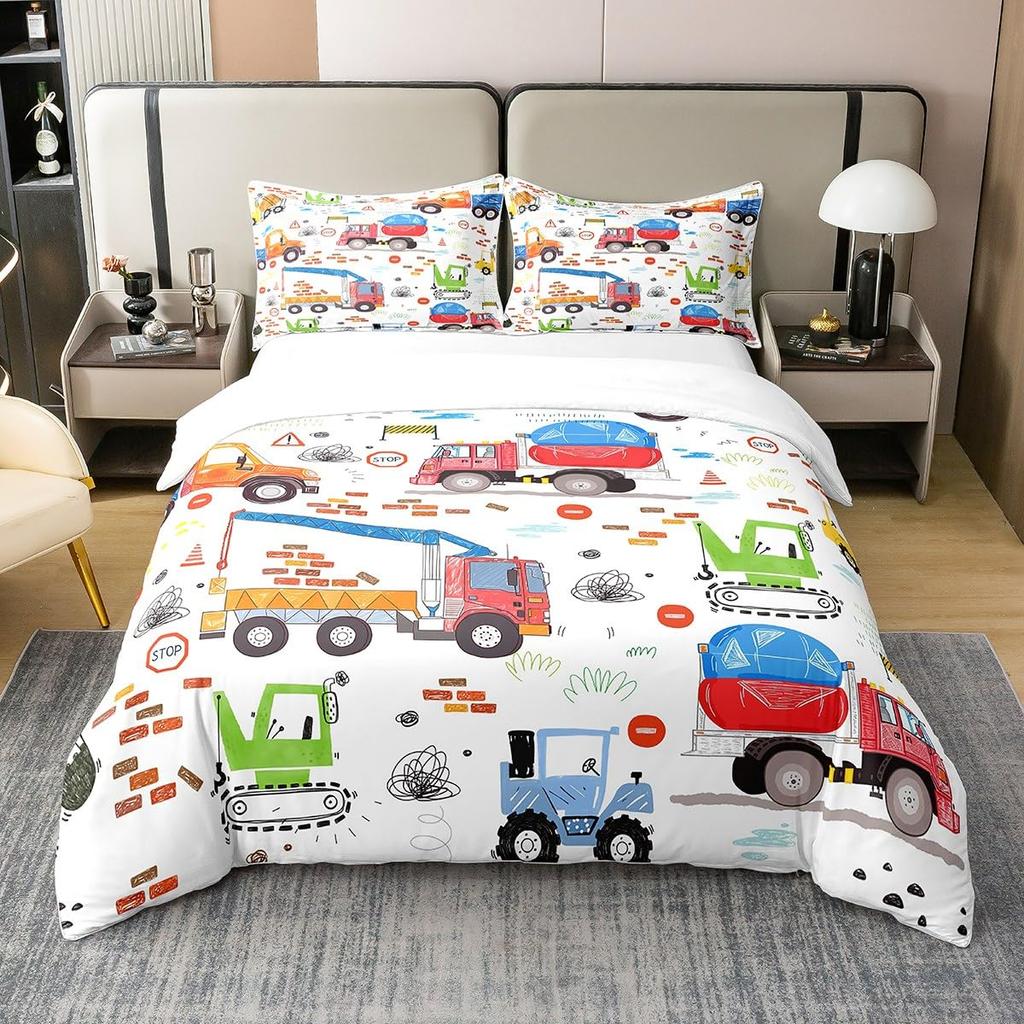 Excavator Duvet Cover Set Twin Queen Size Cartoon Truck Bedding Set Kids Teens Room Decor Construction Vehicle Comforter Cover
