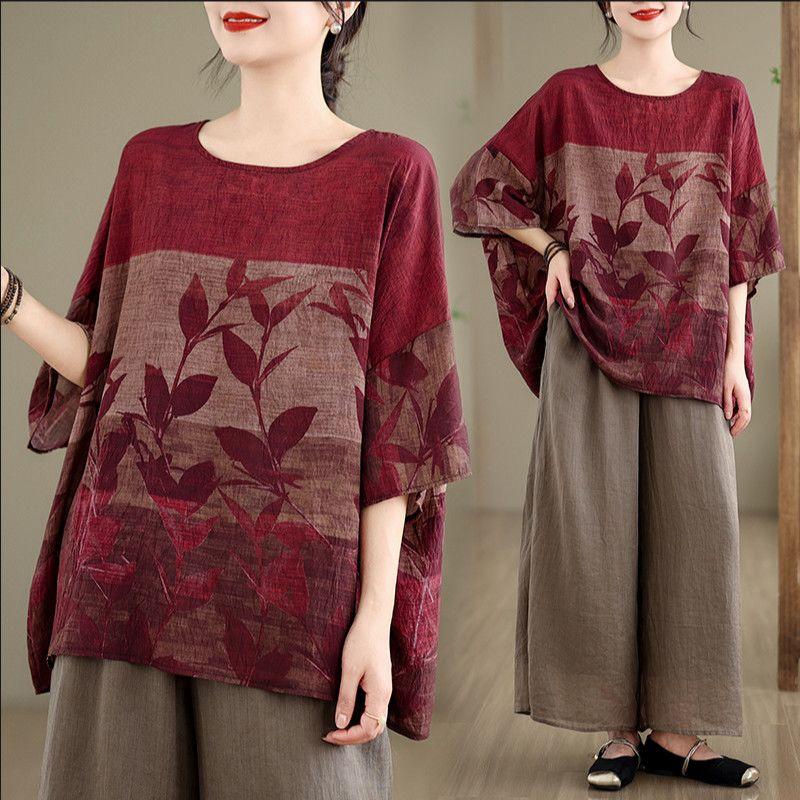 Retro Cotton and Linen Printed Half Sleeved T-shirt for Women's Elegant Summer Loose Fit Slimming and Western Style Fashion Top