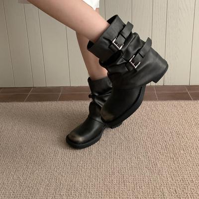 Niche Retro Pile Boots Women's 2025 Autumn New Belt Buckle Mid-tube Western Boots Thick Heel Pleated Knight Boots