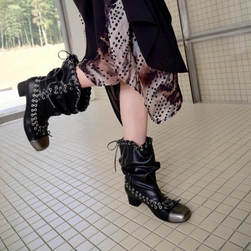 Fashion Vintage Pleated Mid-Calf Boots Cross-tied Square Toe Mid Heels Luxury Leather Fashion Novelty Sexy Concise Autumn Women Shoes