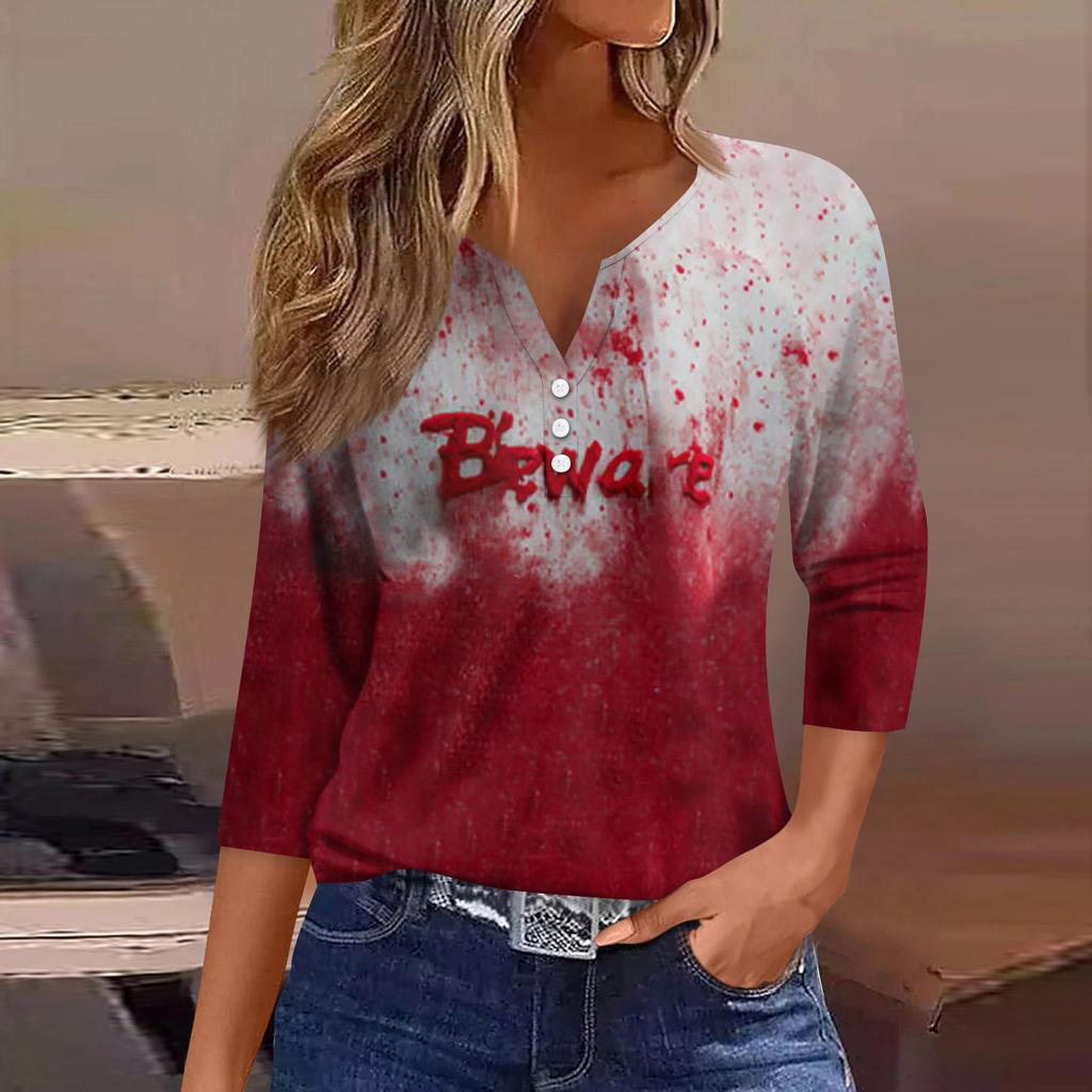Women's Fashion Button-Up V-Neck Three-Quarter Sleeve Halloween Print Top