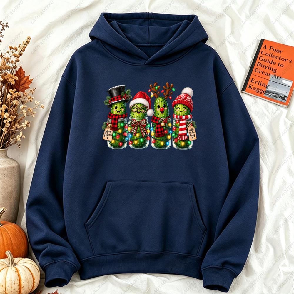 Christmas Pickle Family Funny Pickle Jar Xmas Graphic Hoodie Women Casual Long Sleeve Pullover Humorous Winter Clothes Women