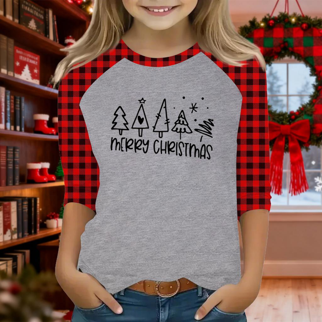 Tops For Youth Girls 4-16 Years Round Neck 3/4 Sleeves T-Shirts Trendy Tops Outfit Tees Christmas Day