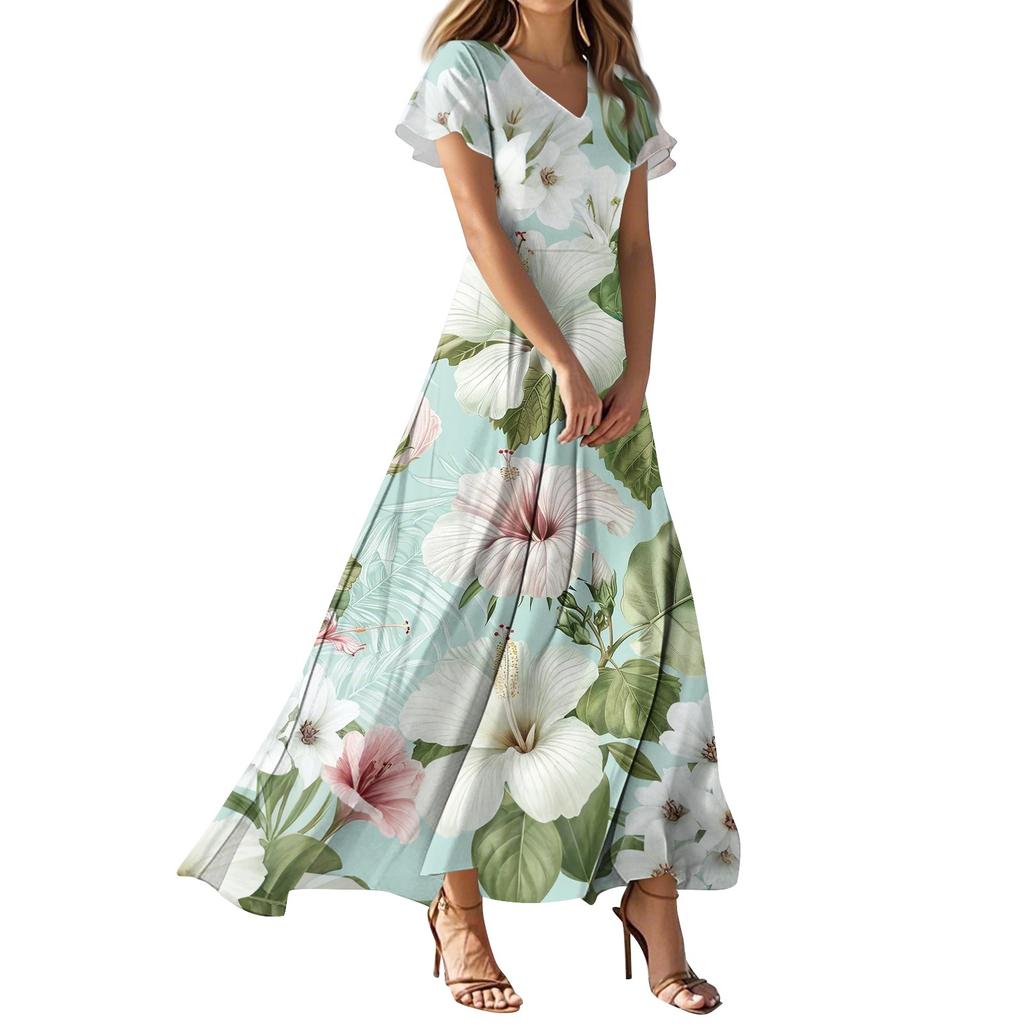Lässiges Damenkleid mit V-Ausschnitt, kurzen Ärmeln und hoher Taille, Retro-Blumenblatt-Print