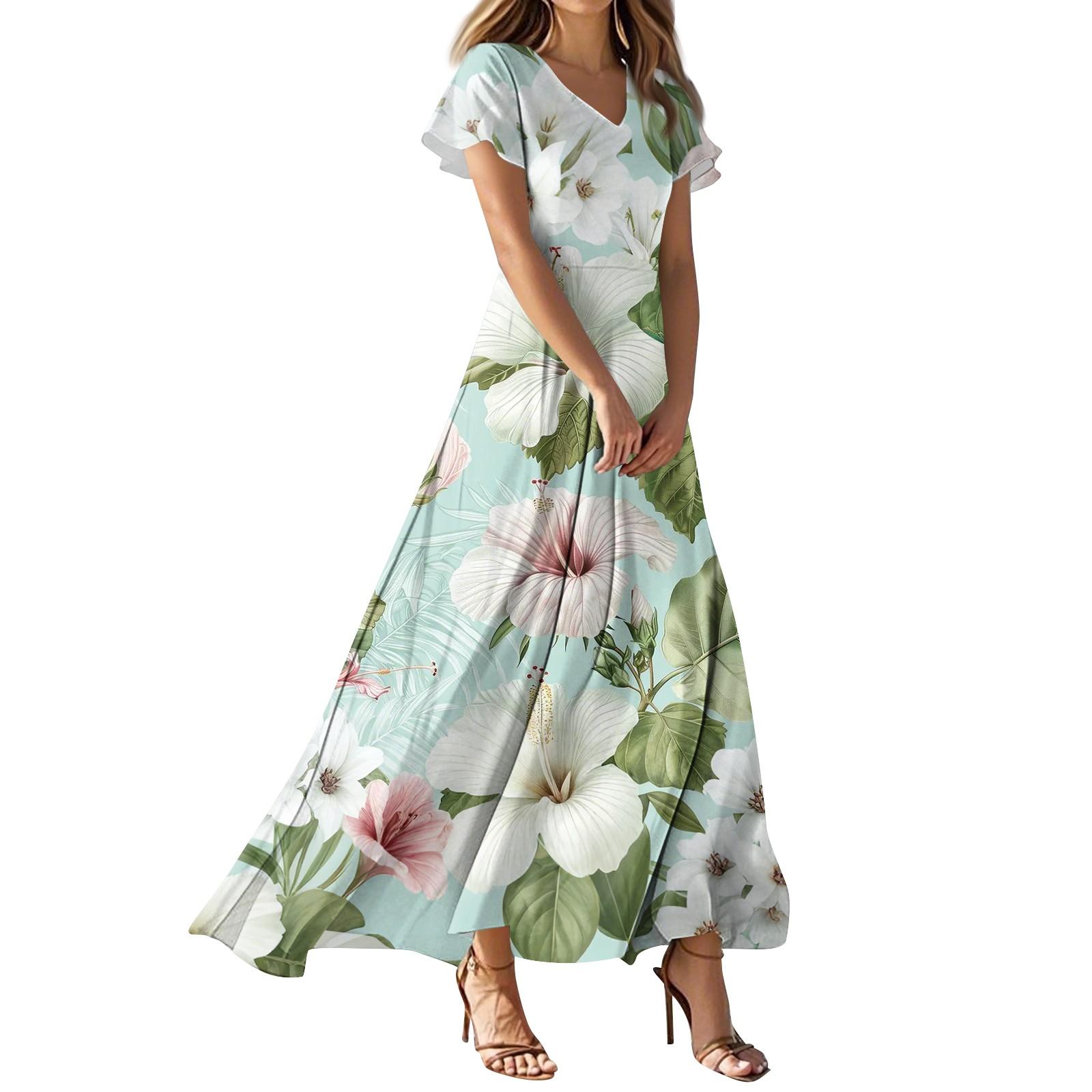 

Женское повседневное платье с V-образным вырезом, коротким рукавом, высокой талией и принтом в виде цветов и листьев в стиле ретро XXL