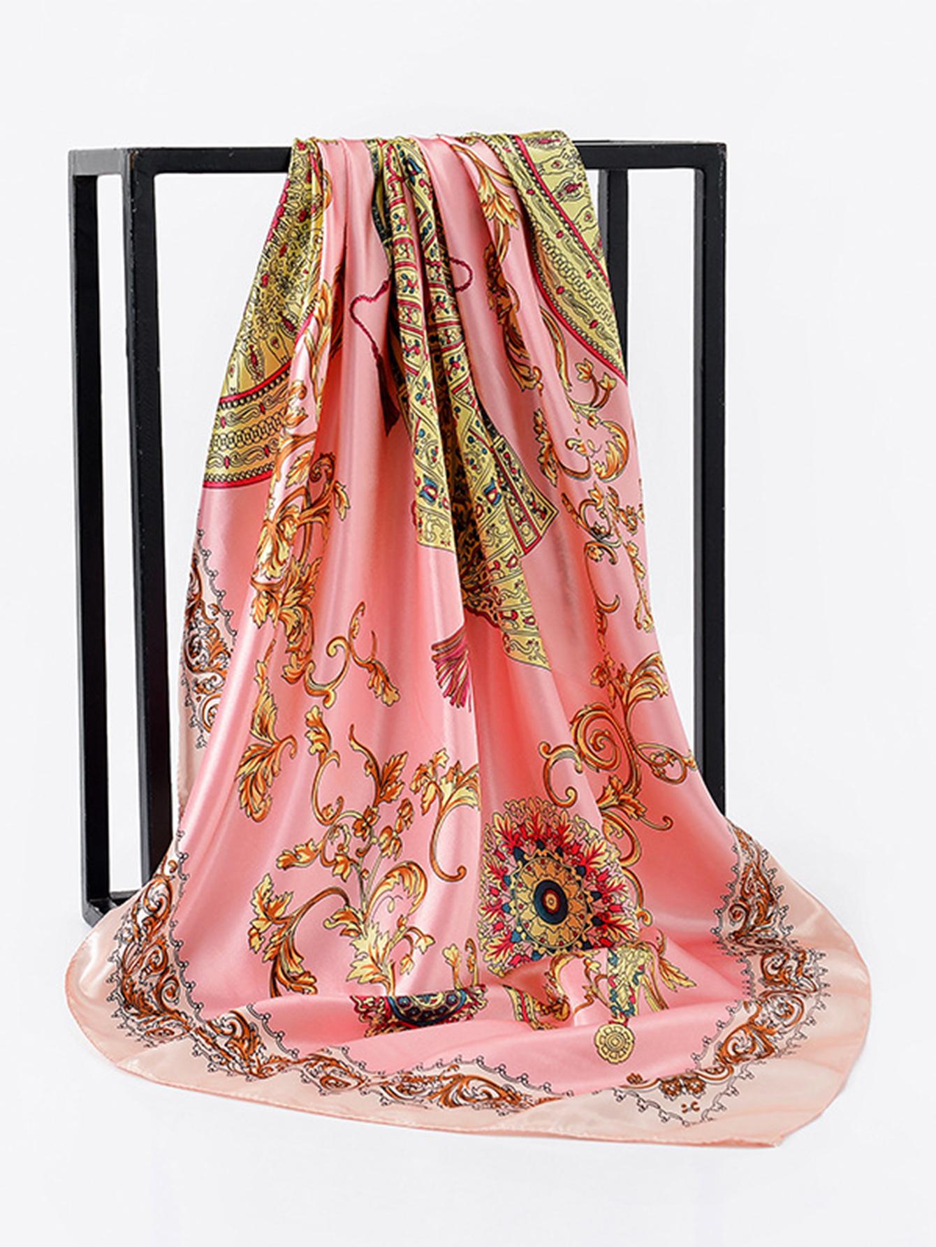 Quadratisches Seidentuch Damen Luxus Satin Druck Hijab Tücher Muslimisches Pareo Bandana Damen Schal Wickeltuch Stirnband Foulard 90*90cm 90x90cm pink
