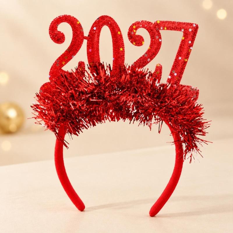 Christmas Hair Accessory Metallic Fringe and 2027 Numerals Headdress for Party Outfits, Holiday Photos, and Gift Exchanges