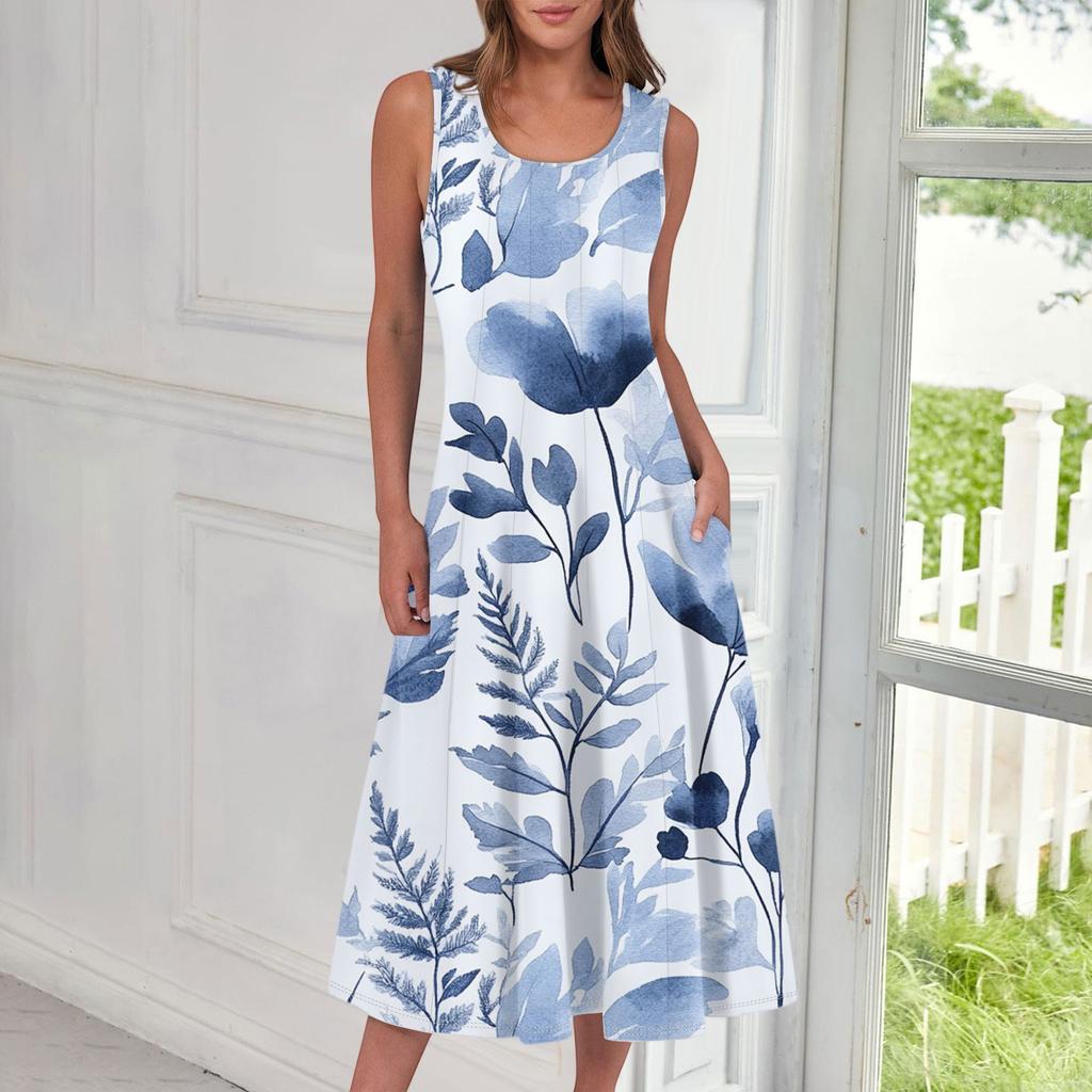 Women's Casual Fashion Floral Print Round Neck Sleeveless Midi Dress