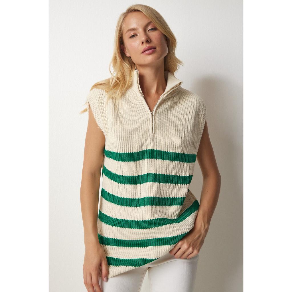 Women's Cream Black Zippered Collar Striped Sweater Mx00123