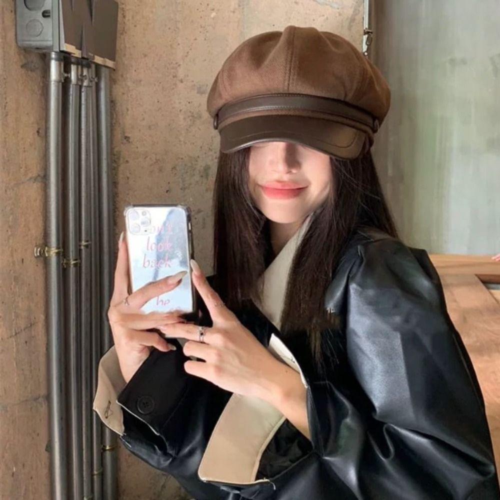 Autumn Winter Pu Leather Beret Casual Painter Hat Fashion Women's Beret  Girl