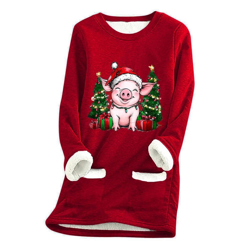 Ladies' Loose And Comfortable Round Neck Christmas Print Thick With Pockets Long Sleeved Top