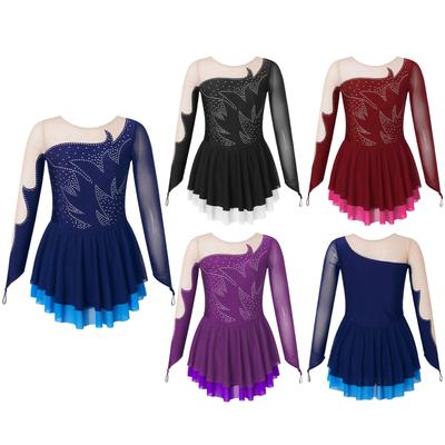 Kids Girls Rhinestone Long Sleeve Roller Figure Ice Skating Dress Sheer Mesh Keyhole Back Dance Leotard Dress Dancewear