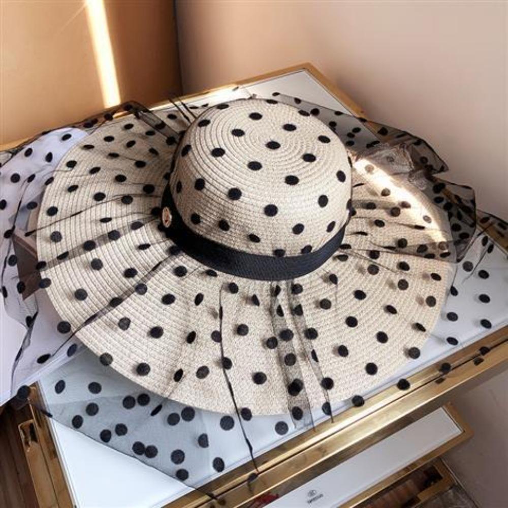 European Polka Dot Lace Mesh Big Brim Straw Hat Women's Summer Seaside Beach Elegant Sunscreen Vacation Hat