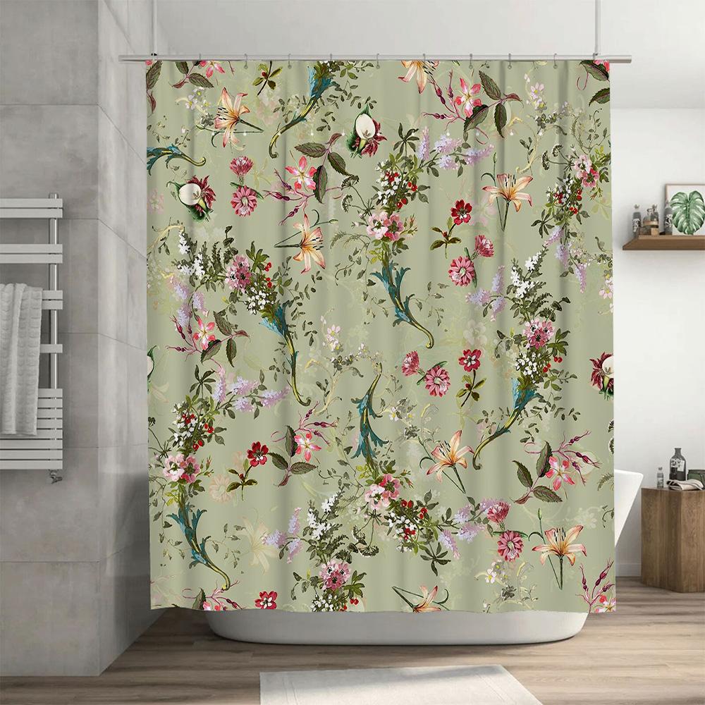 Fashion Shower Curtain with Floral Design, Waterproof Fabric for Bathroom Decoration Green (180x200cm)