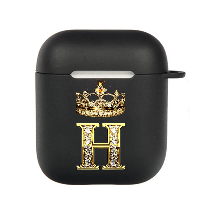 Diamond Crown Letter 26 With Hook Case For AirPods 2 3 1 Cases For Apple AirPods Pro 2 Coque Black TPU Soft Earphone Cover
