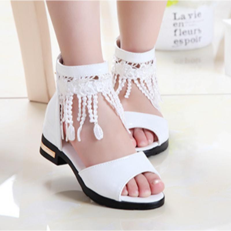 

Детская обувь, сандалии для девочек, летняя мода, туфли принцессы в корейском стиле, студенческие римские туфли на мягкой подошве для детей среднего и старшего возраста 27 белый