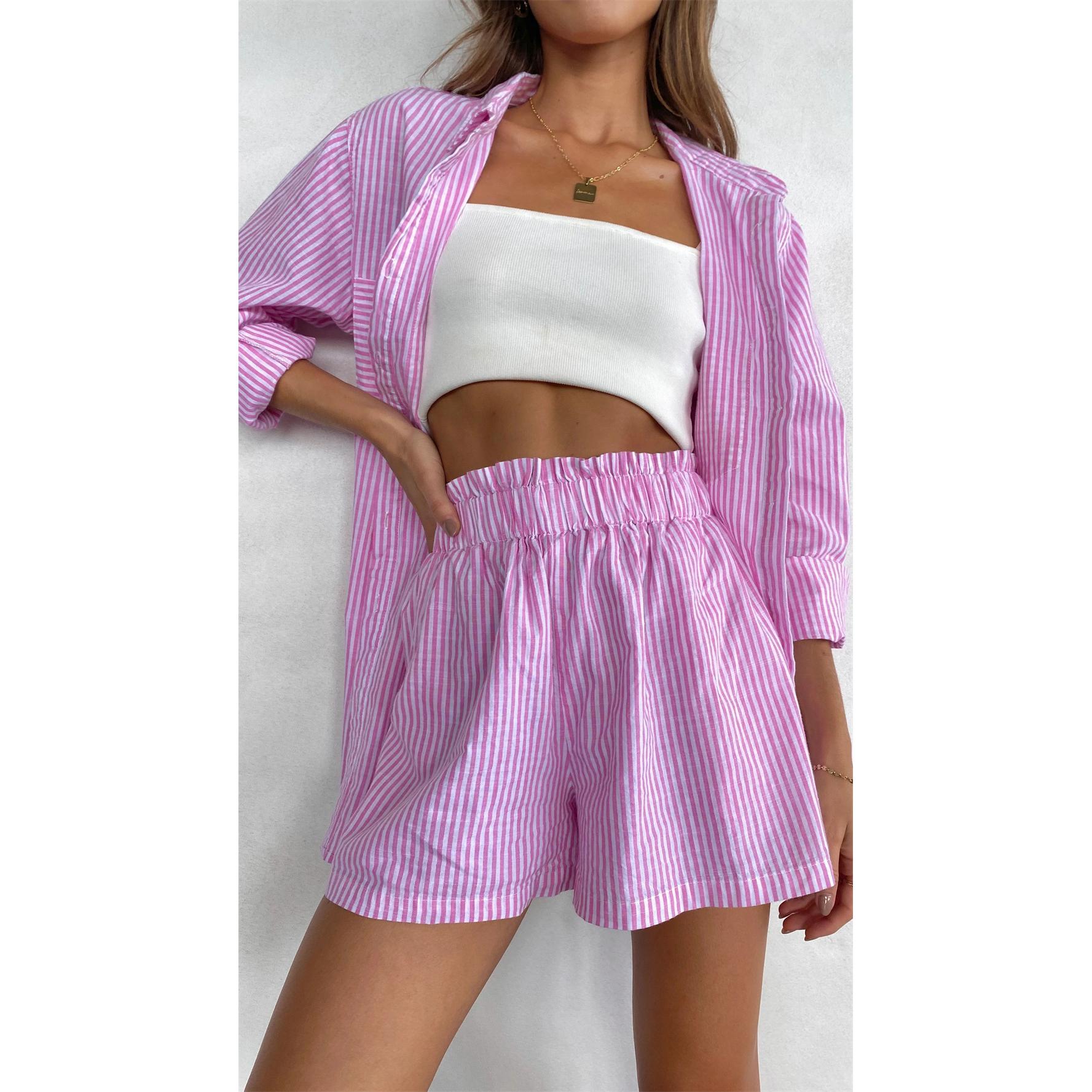 

Женский комплект одежды, одежда для сна, одежда для отдыха, рубашка в полоску с длинными рукавами, топы и свободные мини-шорты с высокой талией, пижама XS розовый