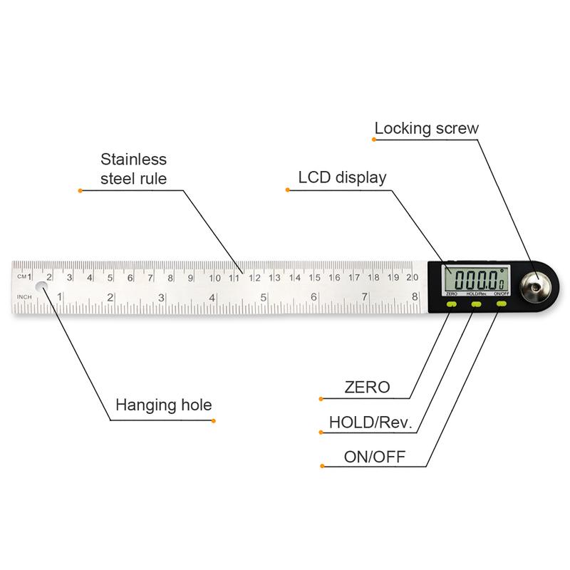 Shahe 200mm Digital Protractor Inclinometer Electronic Angle Gauge Stainless Steel Angle Ruler Goniometer Electronic Protractor