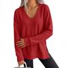 Women S V Neck Loose Long Sleeve Waffle Knit Solid T Shirt