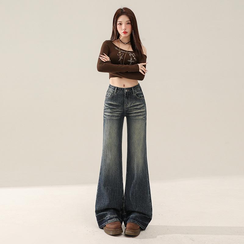 American Spice Girl low-rise slightly pulled jeans women's spring and autumn new bamboo joint pattern loose and thin horn pants