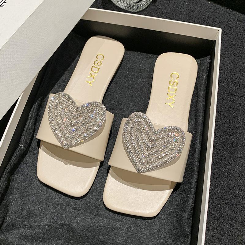 Fashion Sweet Rhinestone Heart Slides Women, Beige Casual Daily Sandals, CSDXY Brand Fashion Footwear