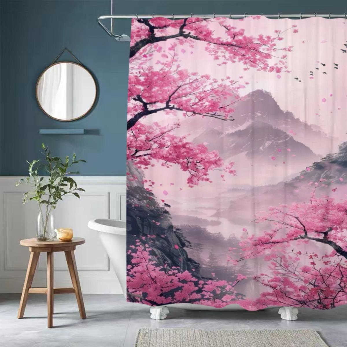 

Cherry Blossom And Mount Fuji Patterned Shower Curtain, Machine Washable Polyester, Suitable For Modern Bathroom Dcor. W60H190(CM)-1 Pcs